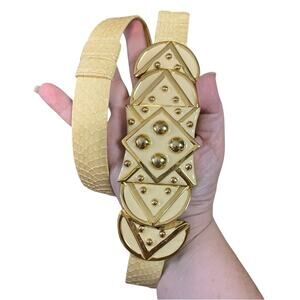 Rare Vintage Alexis Kirk Gold Fashion Belt buckle with ivory embossed leather 30